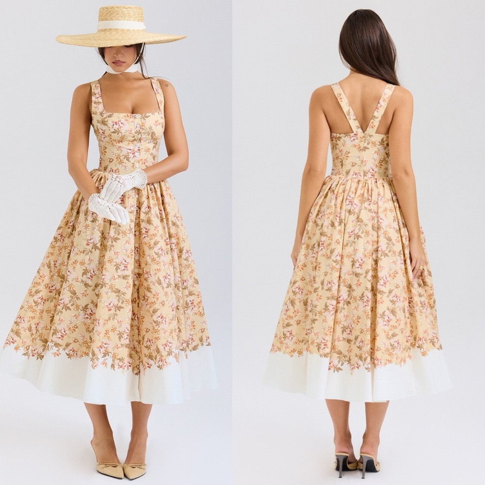 House of CB 'Alba' Honeyflower Priint Gathered Cotton Midi Dress NWOT size S - Picture 3 of 17